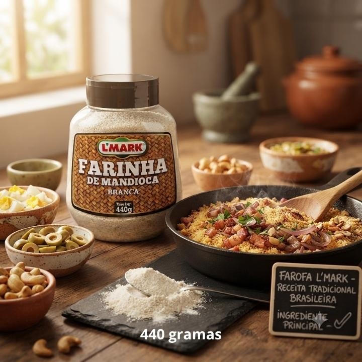 Farinha de Mandioca Branca 440g Cenario - L'Mark Temperos e Condimentos Artesanais - Fabrica em Palmas TO