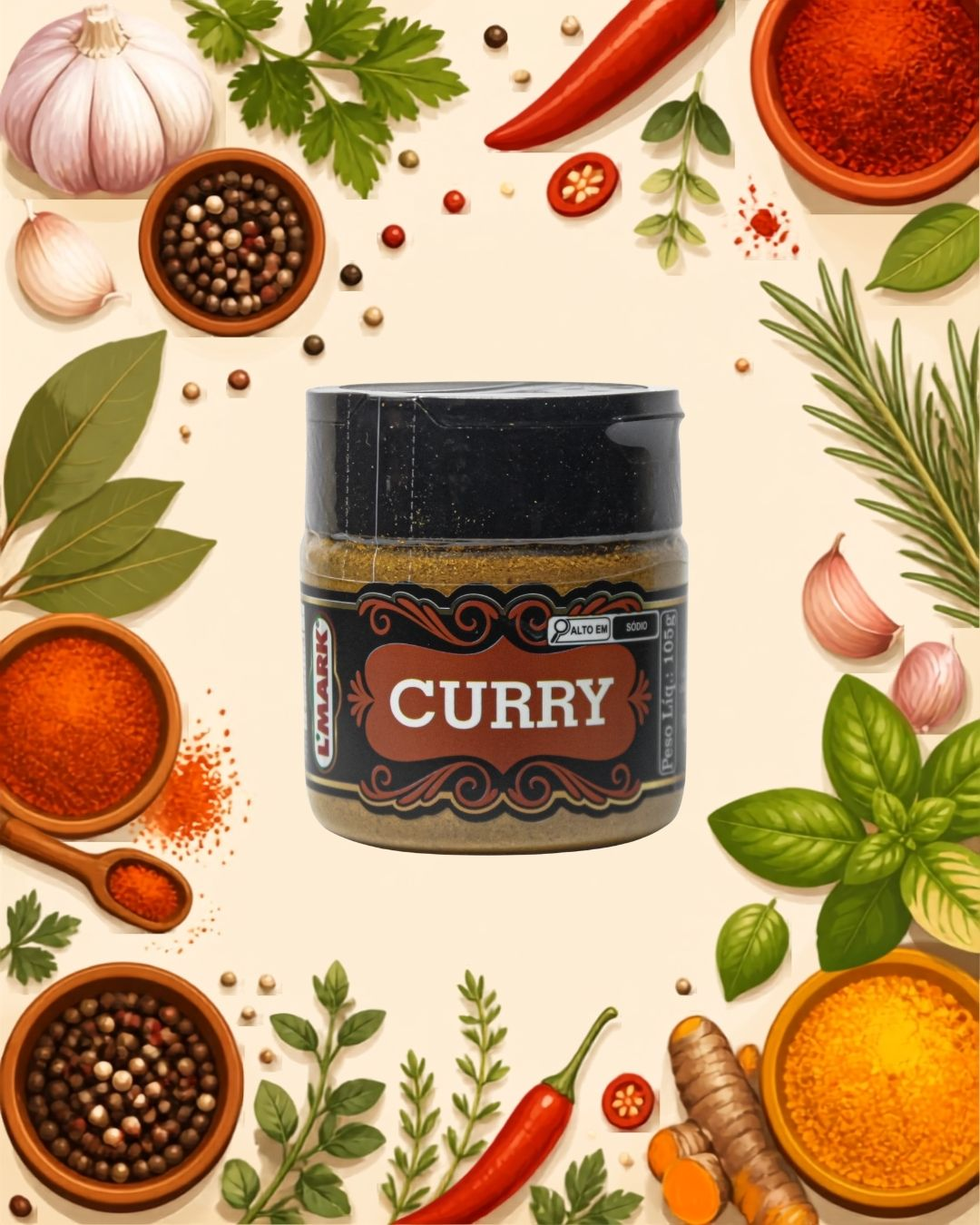 Curry em Po 105g - L'Mark Temperos e Condimentos Artesanais - Fabrica em Palmas TO